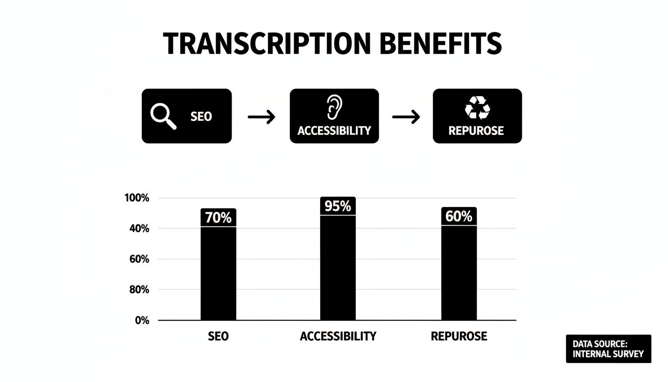 Bar chart illustrating transcription benefits: 95% for accessibility, 70% for SEO, and 60% for repurposing content.