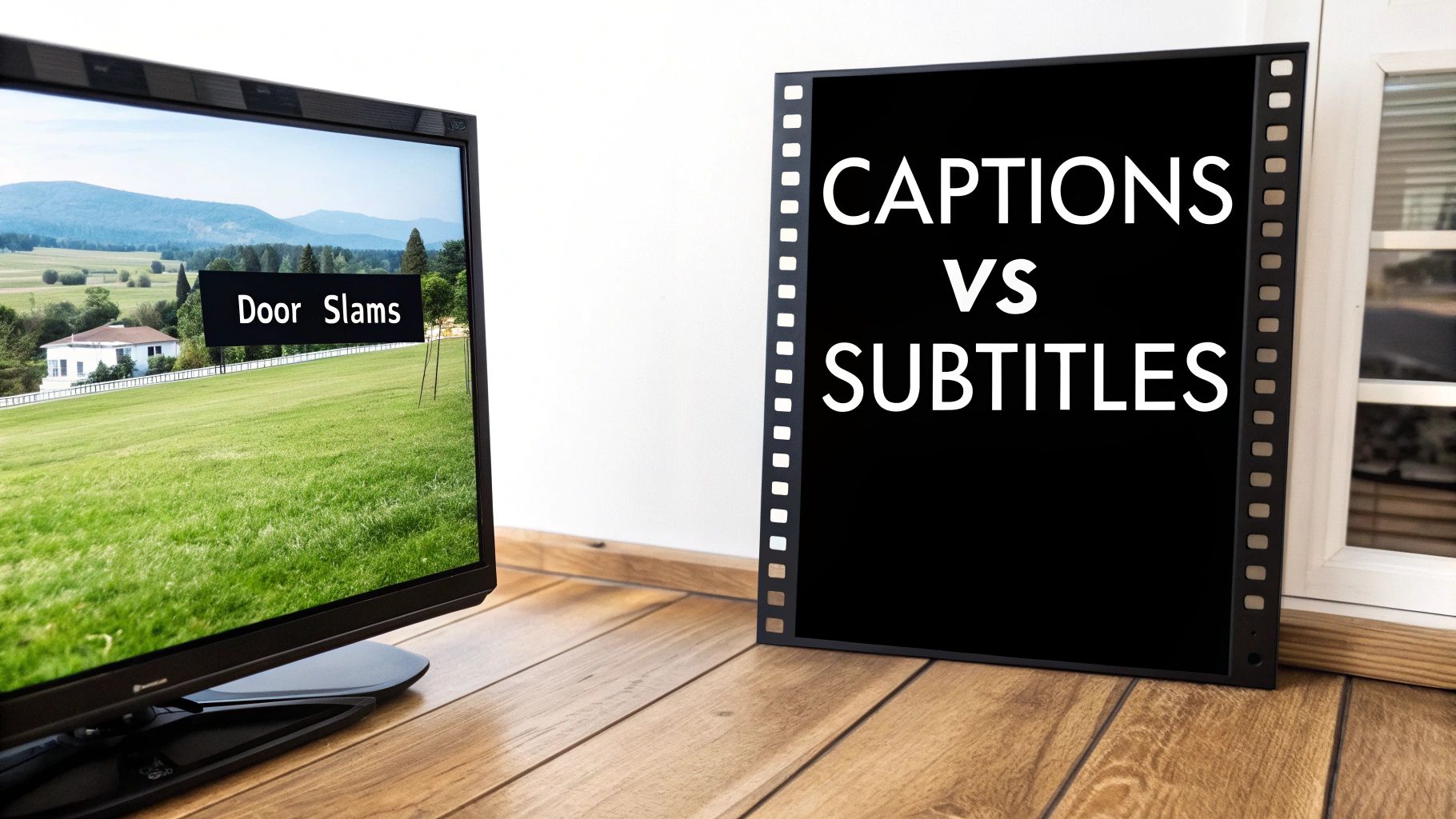 A close-up of a television screen showing the words 'subtitles' and 'closed captions' with toggle buttons.