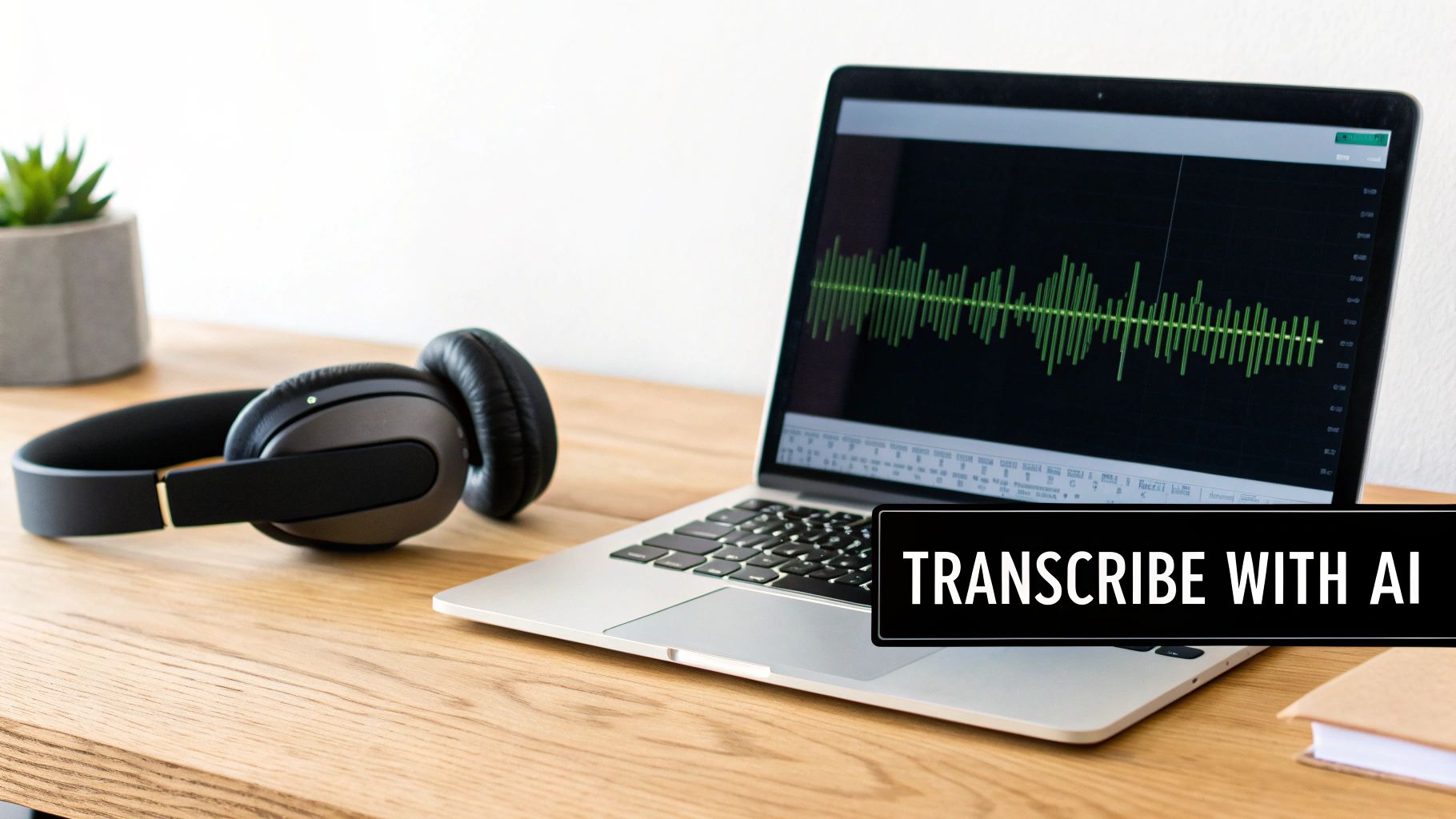 Laptop on a wooden desk displaying audio waveform, with headphones and a plant, text overlay 'TRANSCRIBE WITH AI'.