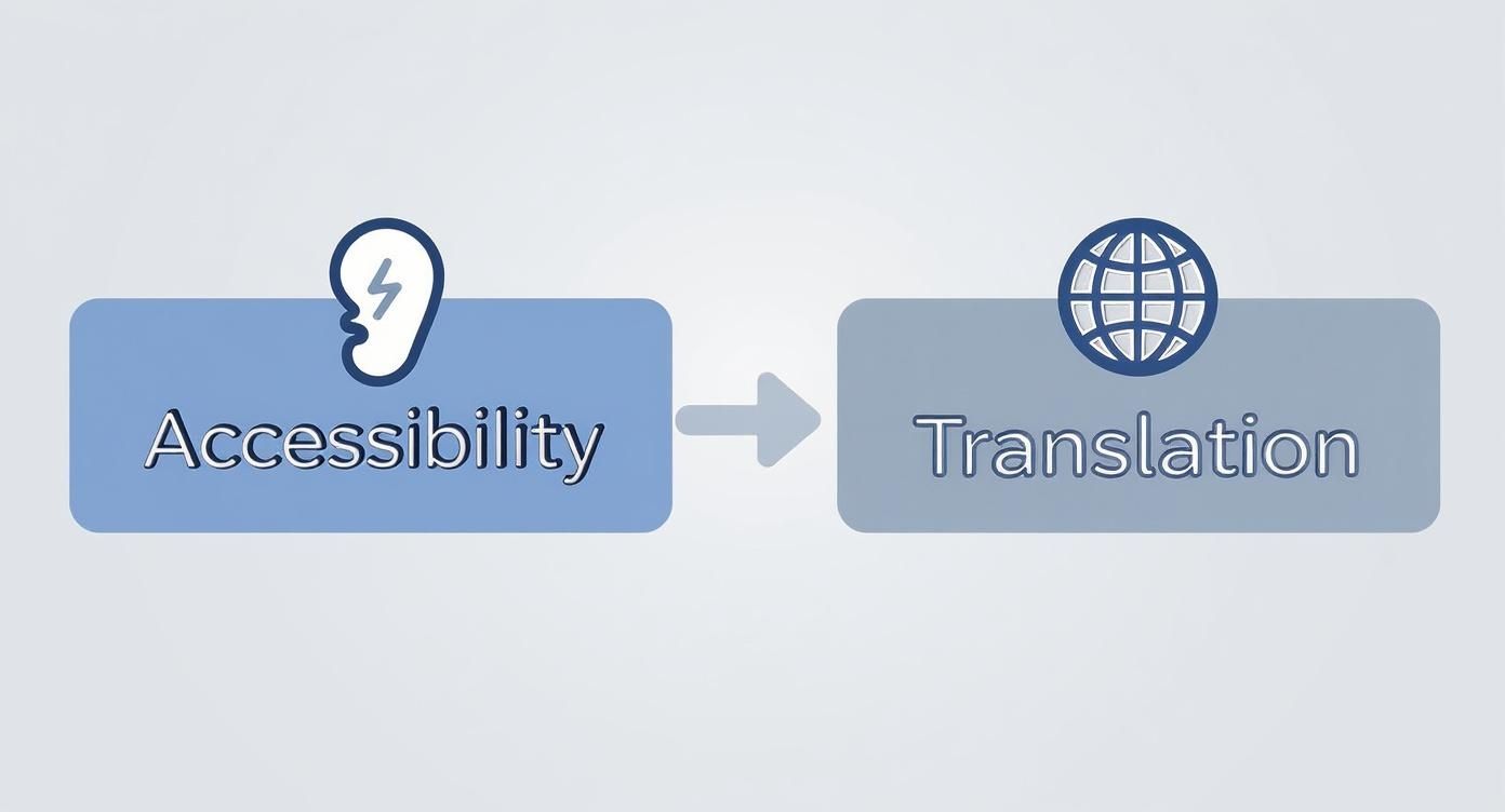 An infographic showing a process flow for choosing between closed captions and subtitles based on the goals of accessibility or translation.