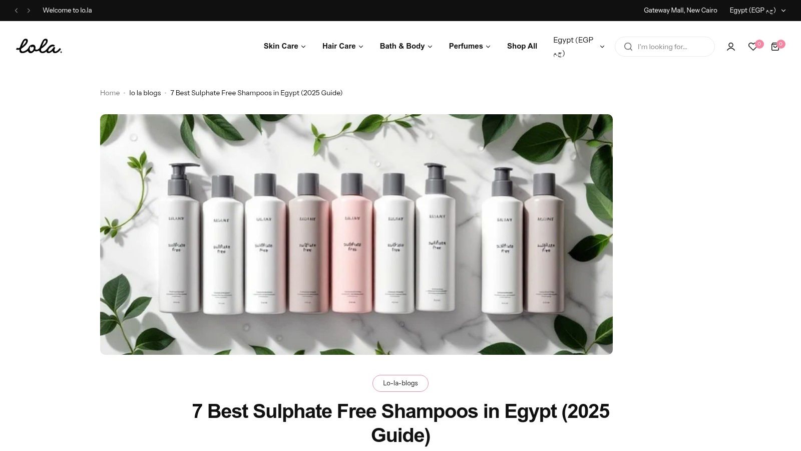 A screenshot of the lo.la Curated Guide to the best sulphate-free shampoos in Egypt, showcasing a clean layout and product imagery.