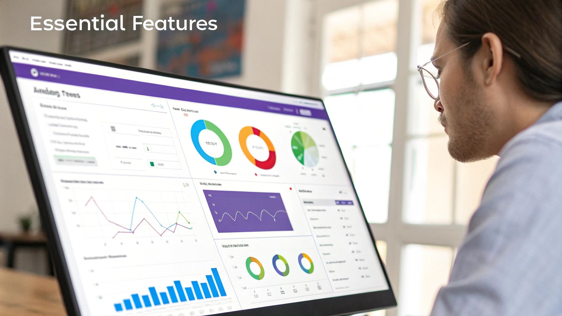 A man wearing glasses intently analyzing a computer screen displaying a data analytics dashboard.
