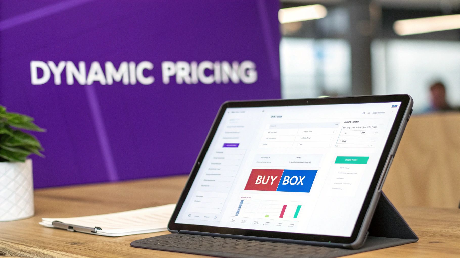 A tablet on a wooden desk displays an e-commerce 'BUY BOX' pricing intelligence interface with charts, next to a 'DYNAMIC PRICING' sign.