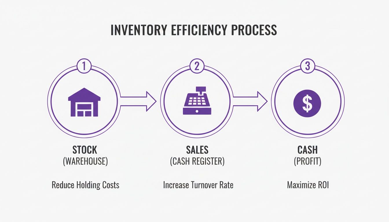Diagram illustrating the inventory efficiency process through three steps: Stock, Sales, and Cash, with related goals.