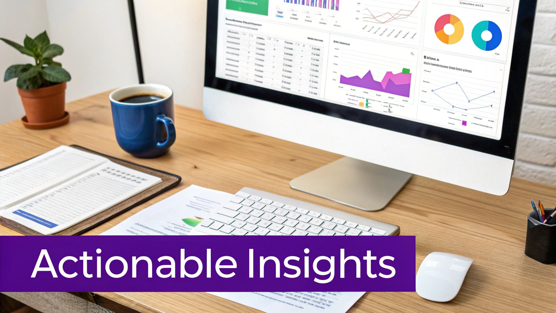 A clean wooden desk with a computer displaying data dashboards, a notebook, and a coffee mug.