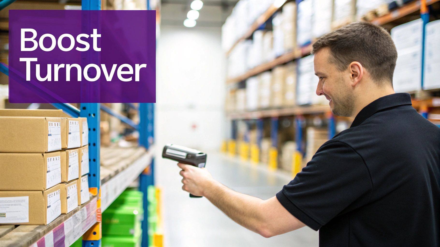 Smiling warehouse worker scanning boxes on shelves, improving inventory management and turnover.