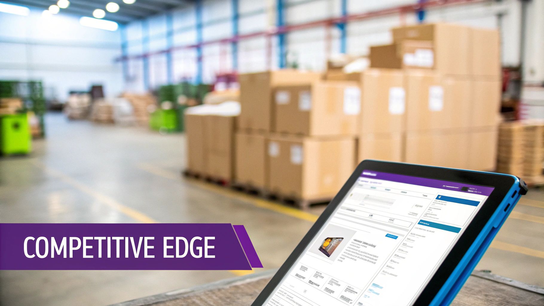 A person uses a tablet for inventory management in a warehouse, gaining a competitive edge.