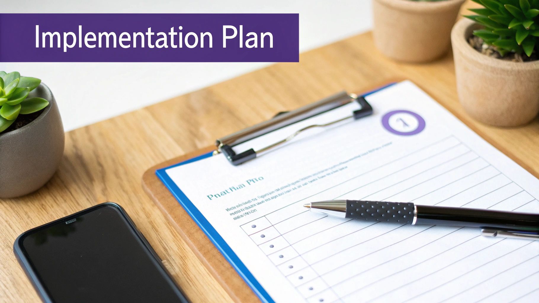 A 'Implementation Plan' document, clipboard with a form, pen, plants, and phone on a wooden desk.