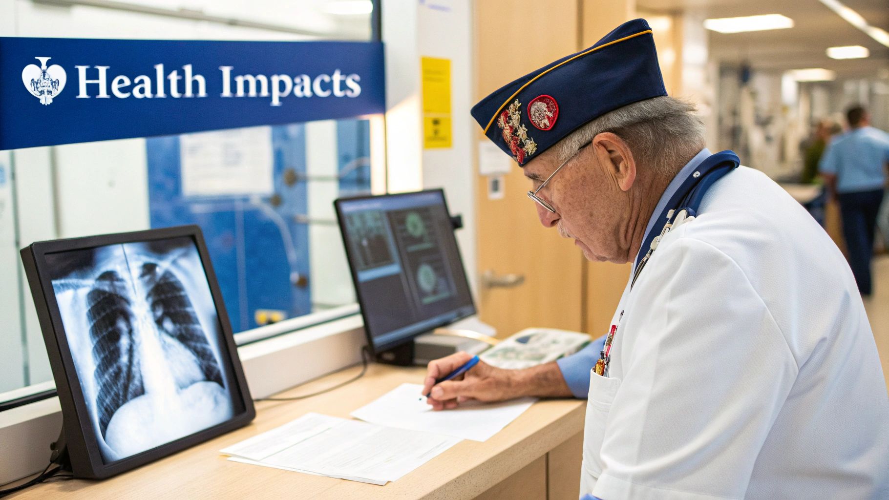Veteran standing before scales of justice
