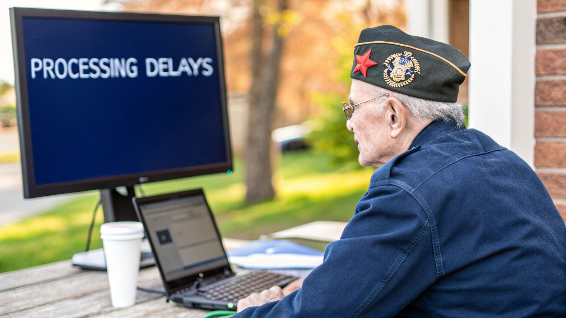 A veteran sitting at a desk, carefully reviewing different types of VA claim documents, with a focused and determined expression.