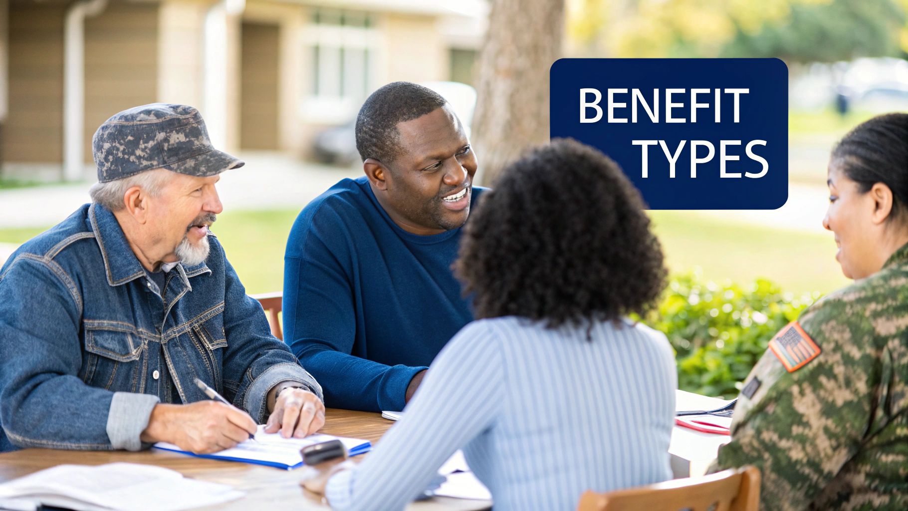 A screenshot of the VA website's family member benefits page, showing categories like health care, education, and home loans.