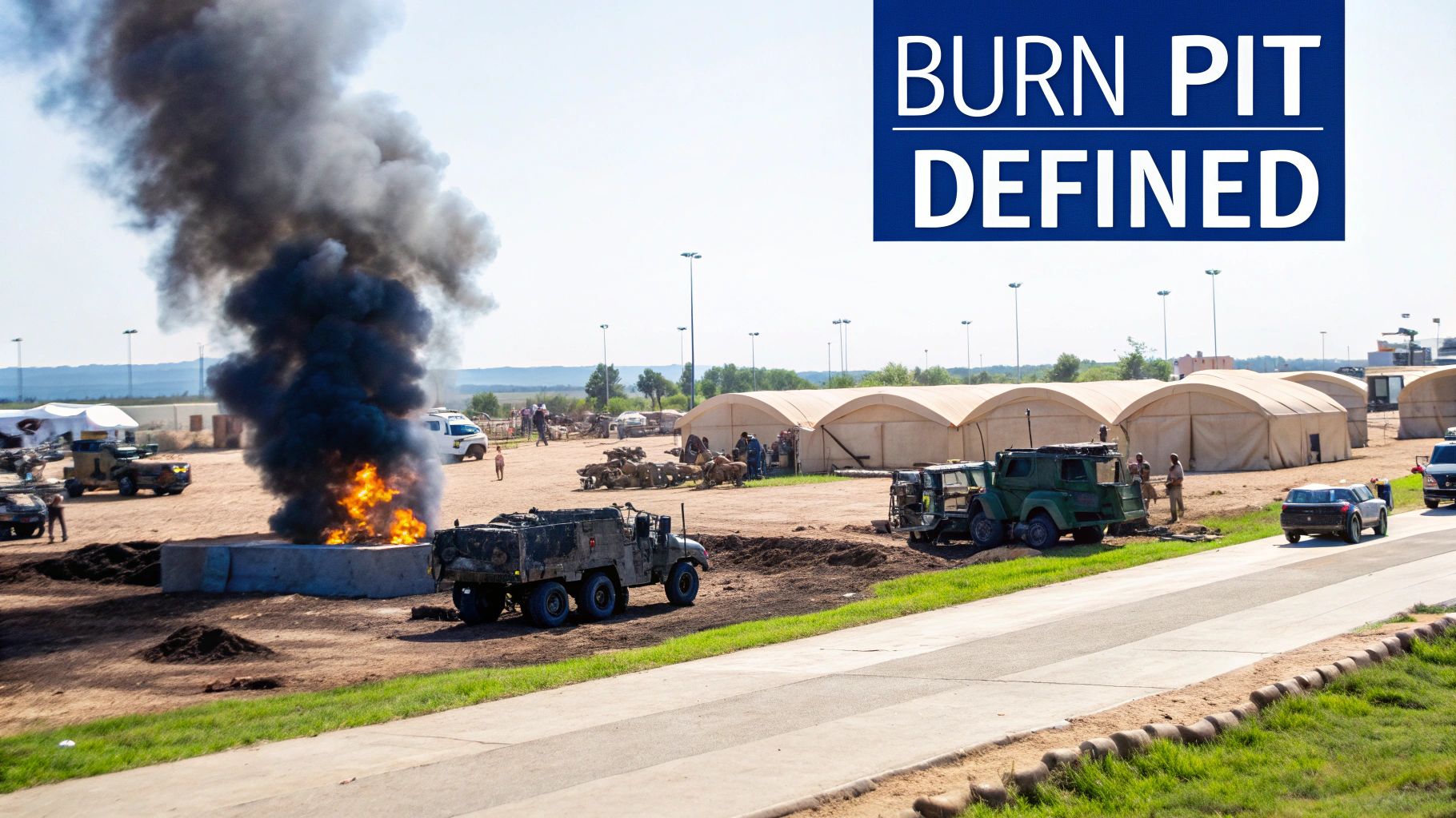 Mountains of waste burning in a burn pit