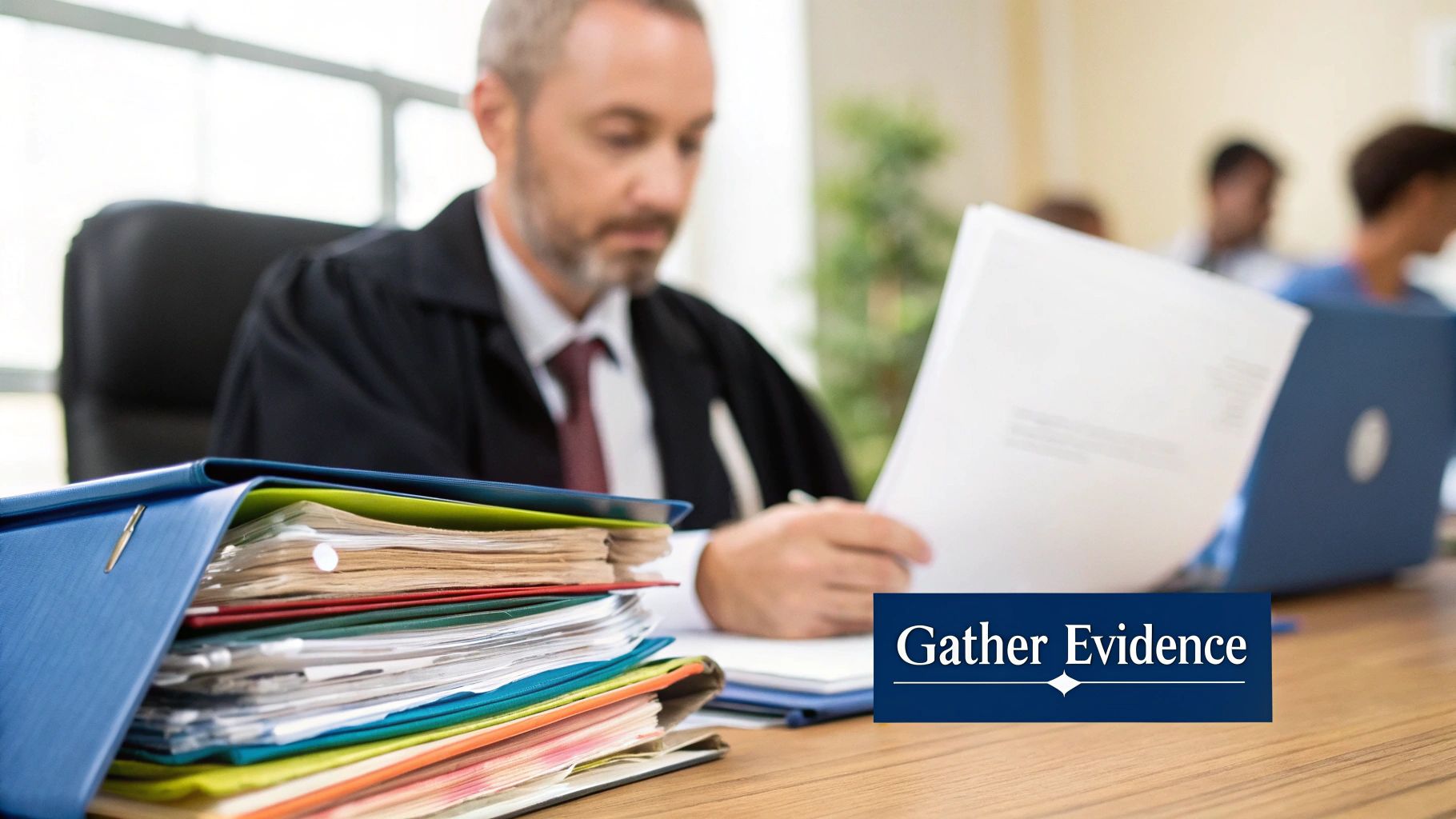 A lawyer reviewing legal documents in a well-lit office.