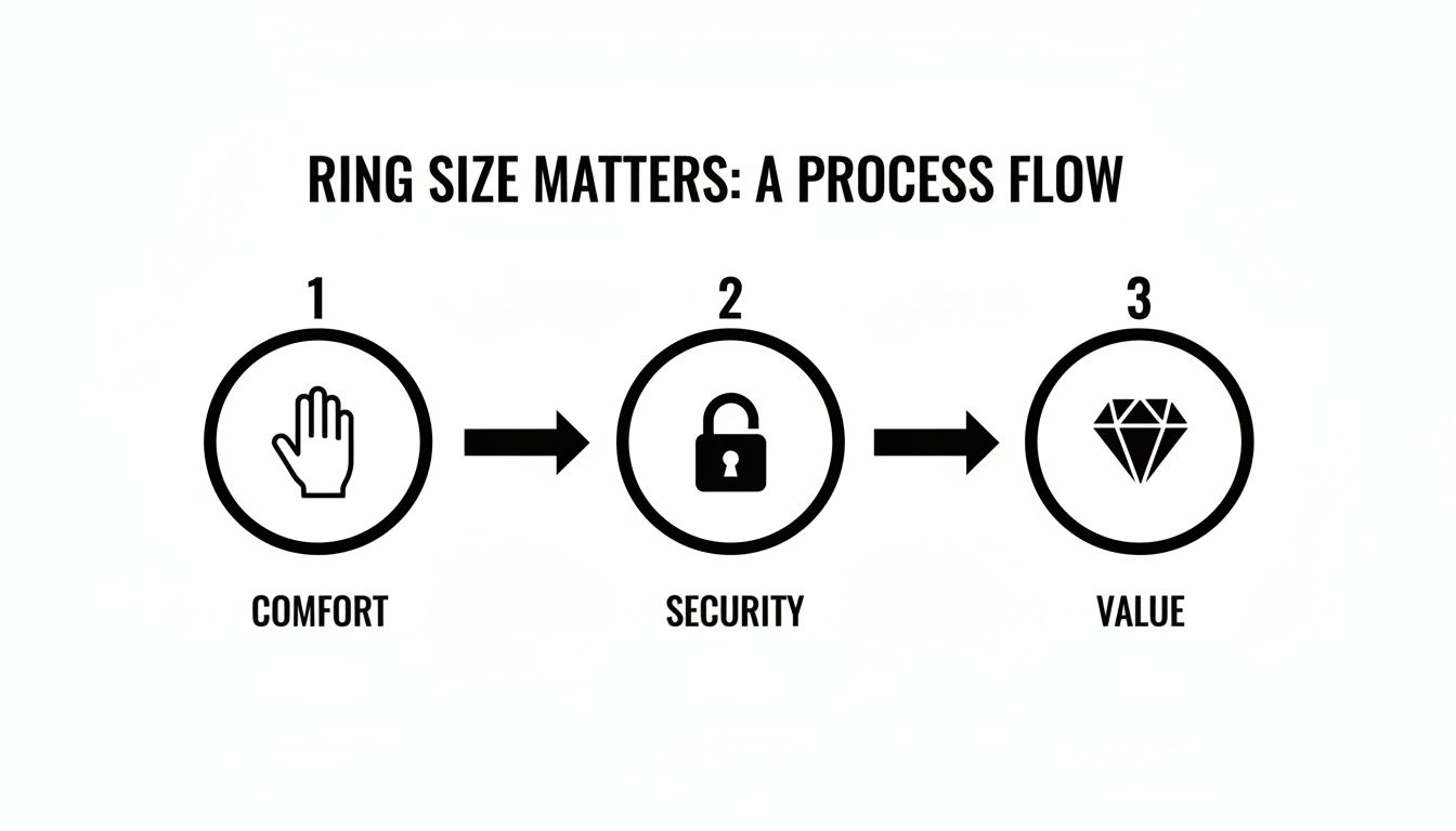A process flow diagram showing that ring size impacts comfort, security, and value, with respective icons.