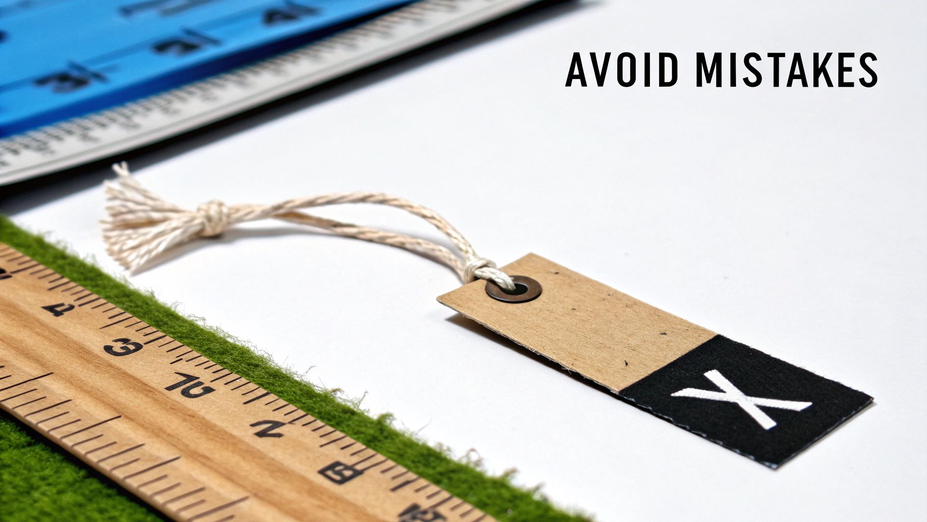 A brown tag with an 'X' symbol, string, and eyelet, near rulers and the text 'AVOID MISTAKES'.