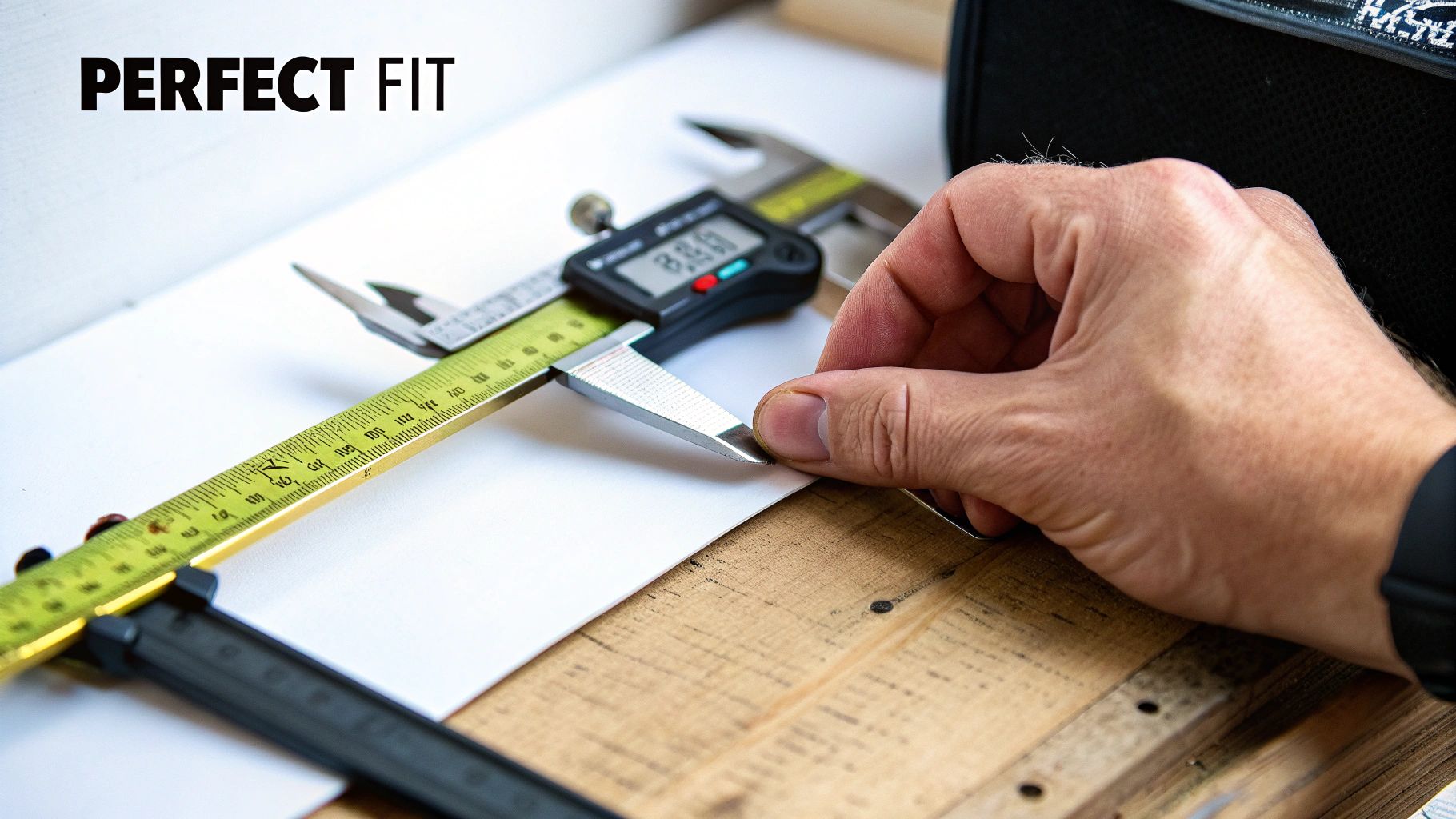A person's hand uses a digital caliper to measure the thickness of a white material.