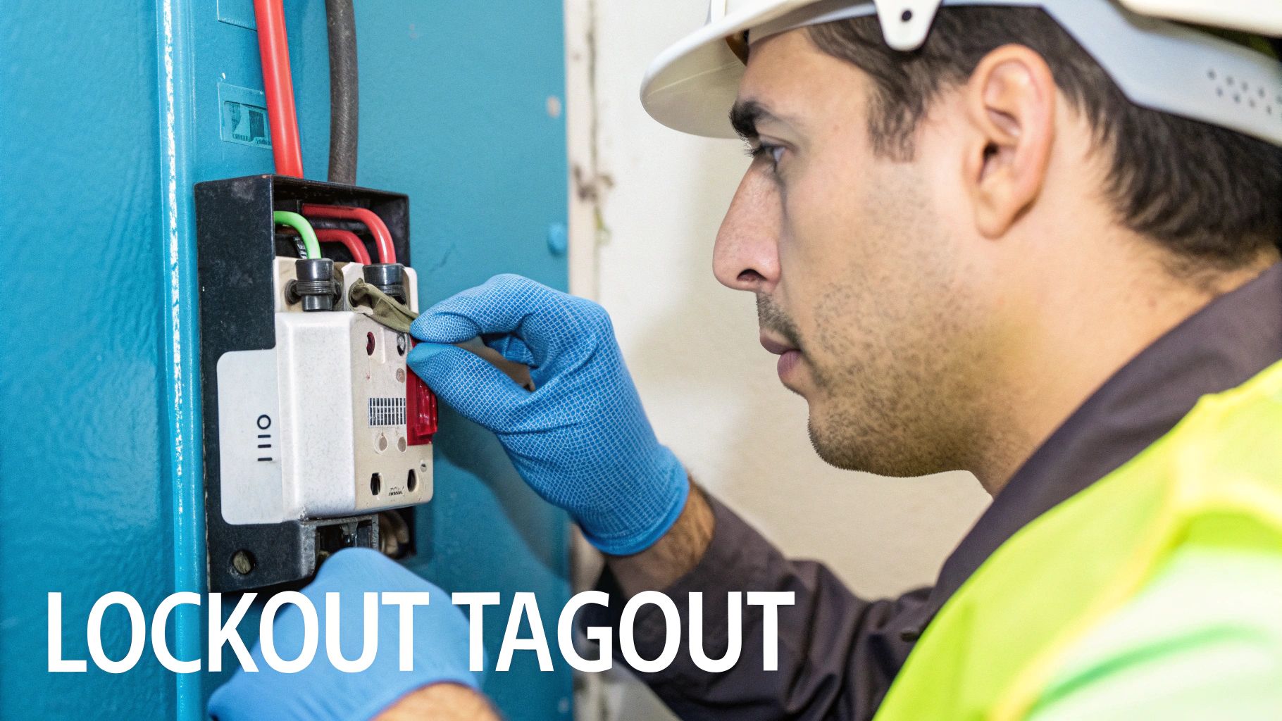 A Guide to Electrical Safety on Construction Sites A close-up of a worker safely using a Lockout/Tagout device on an electrical panel.