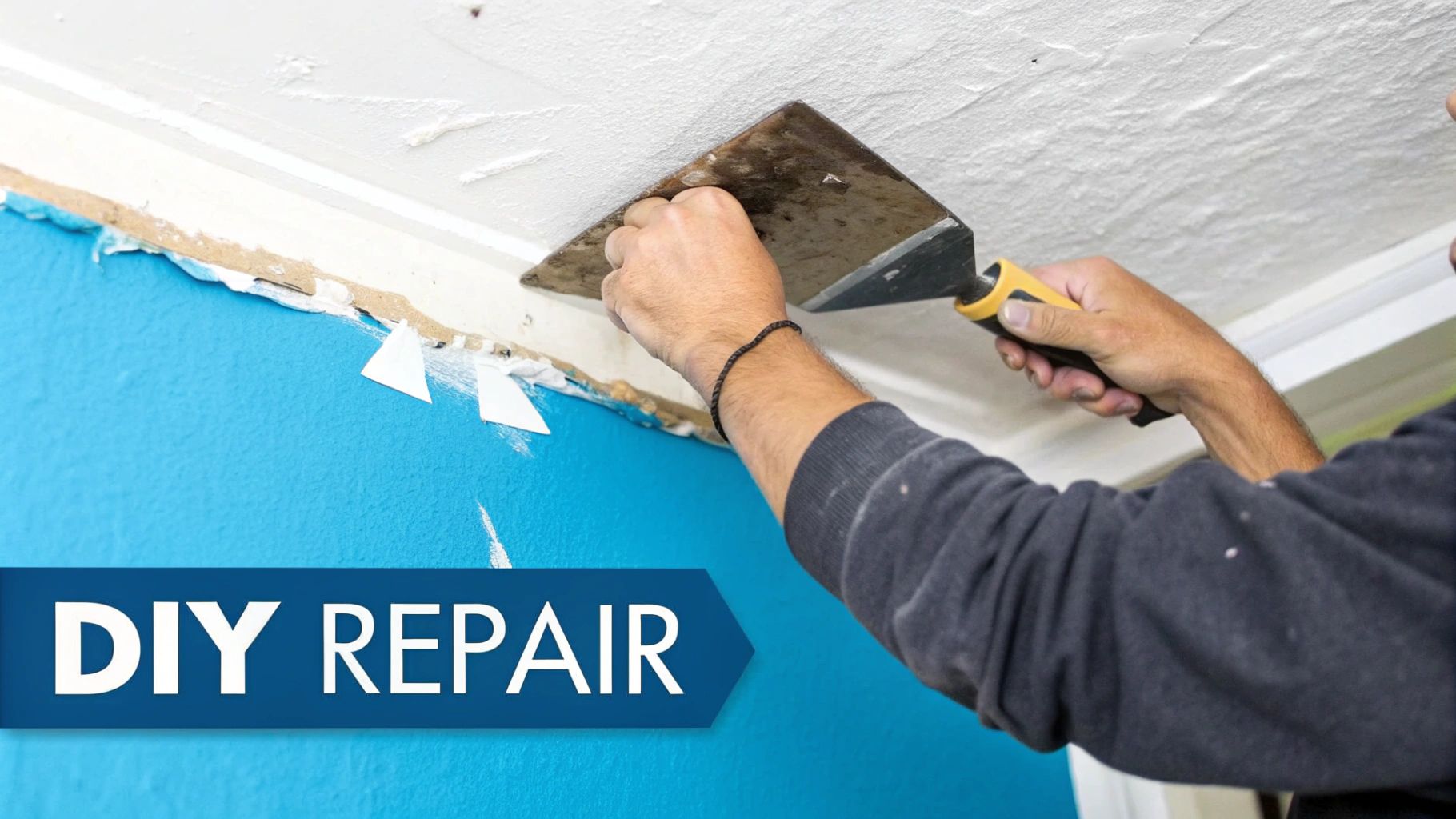 Fixing Water Damage in Ceiling A Practical Guide A person on a ladder applying filler to a water-damaged ceiling.
