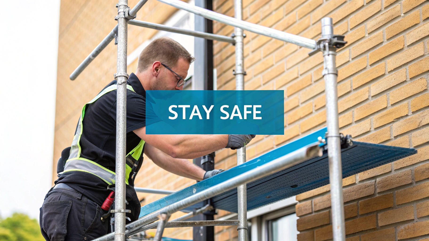 Image of a man safely working on a professional scaffold tower
