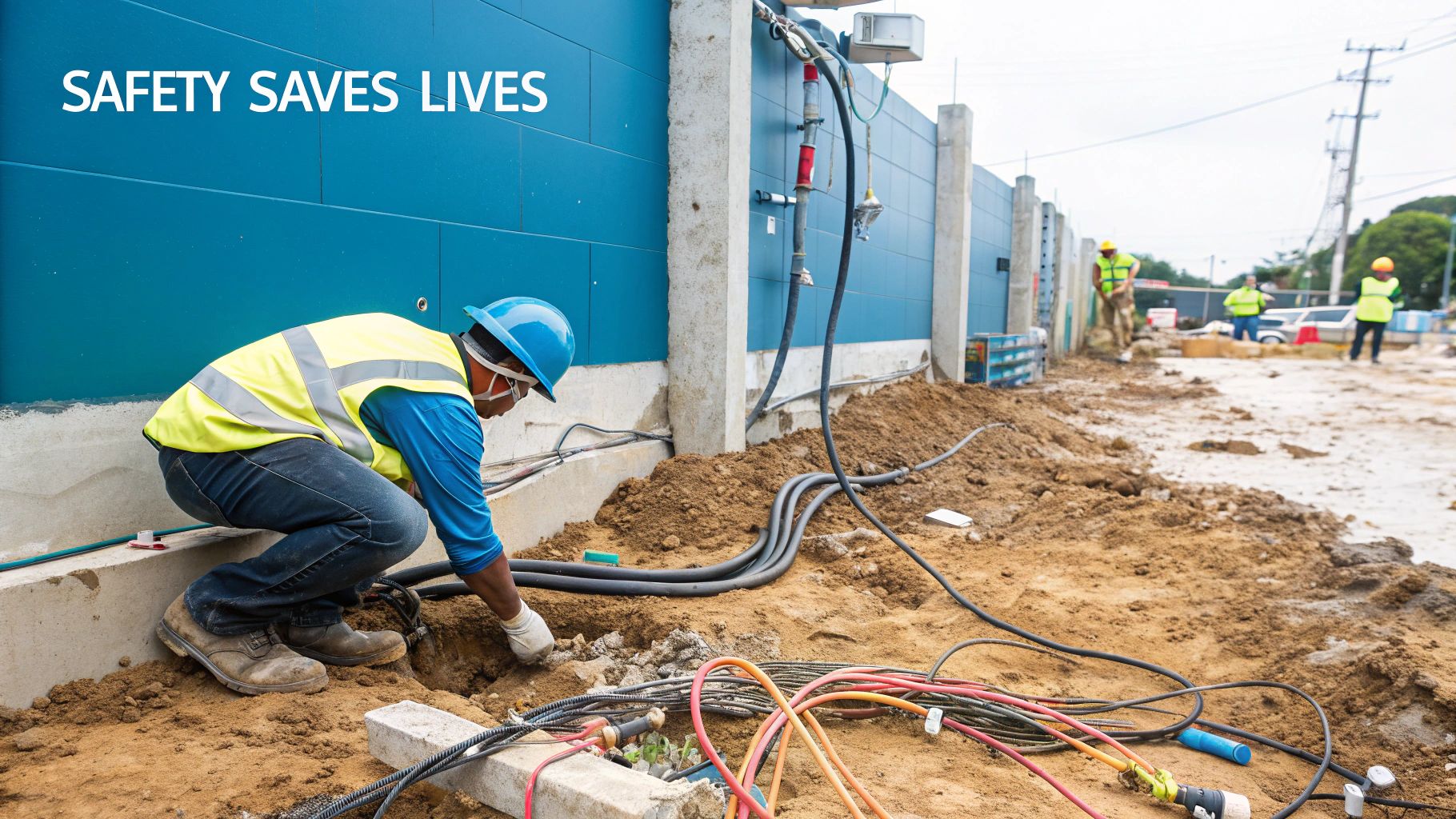 A Guide to Electrical Safety on Construction Sites A construction worker carefully handling electrical wiring on a building site