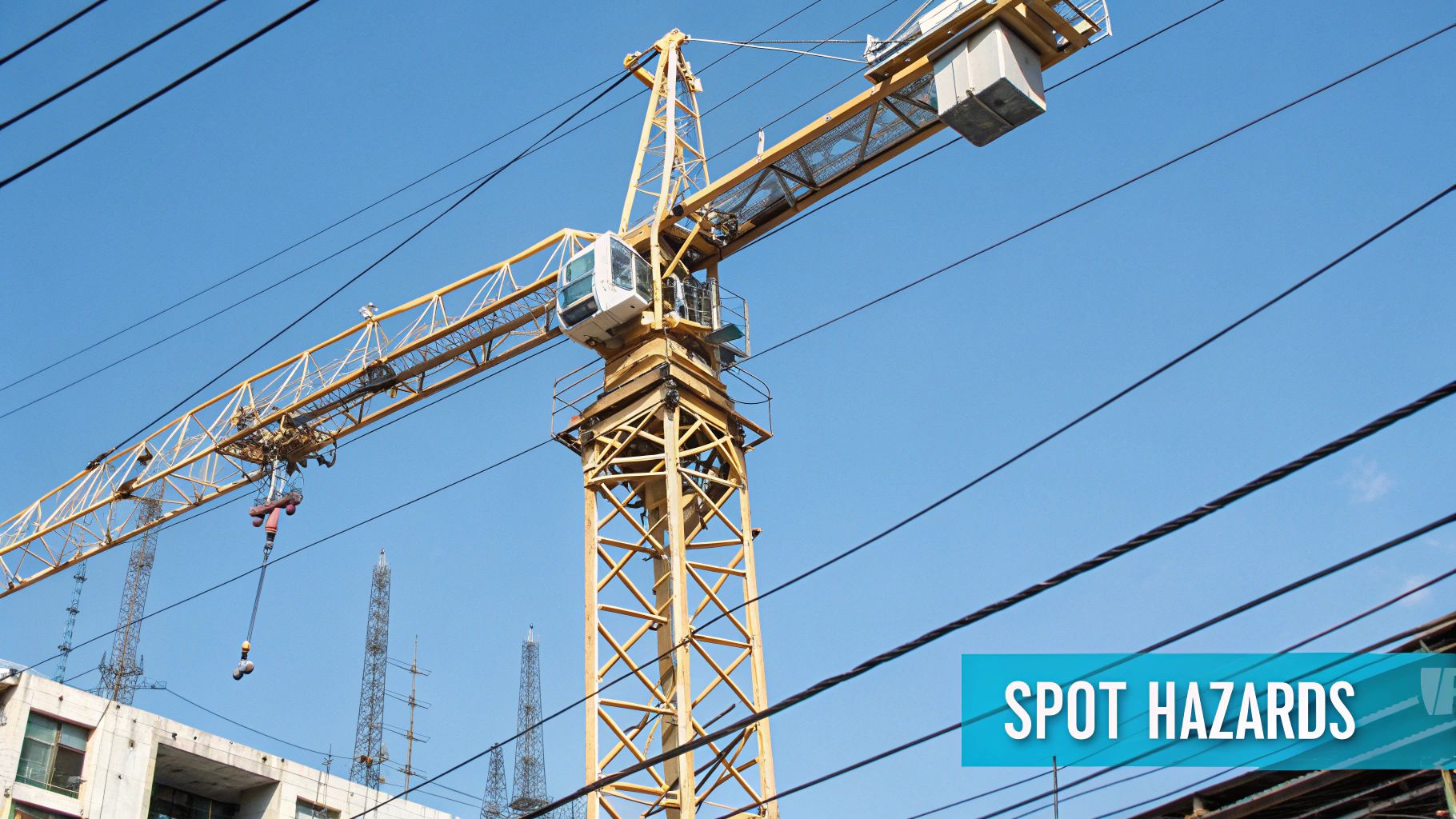 A Guide to Electrical Safety on Construction Sites Workers on a construction site near a crane, highlighting potential electrical hazards.