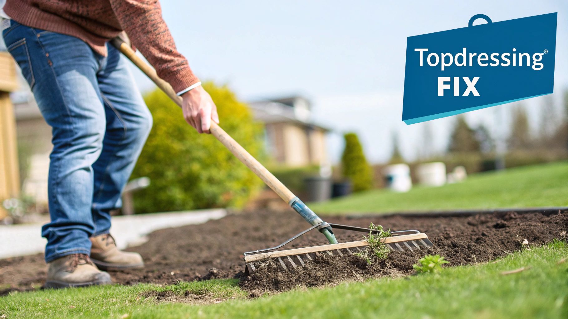 How to Level Lawn: UK Guide for a Smooth, Healthy Garden A person spreading topdressing mix on a lawn with a levelling rake