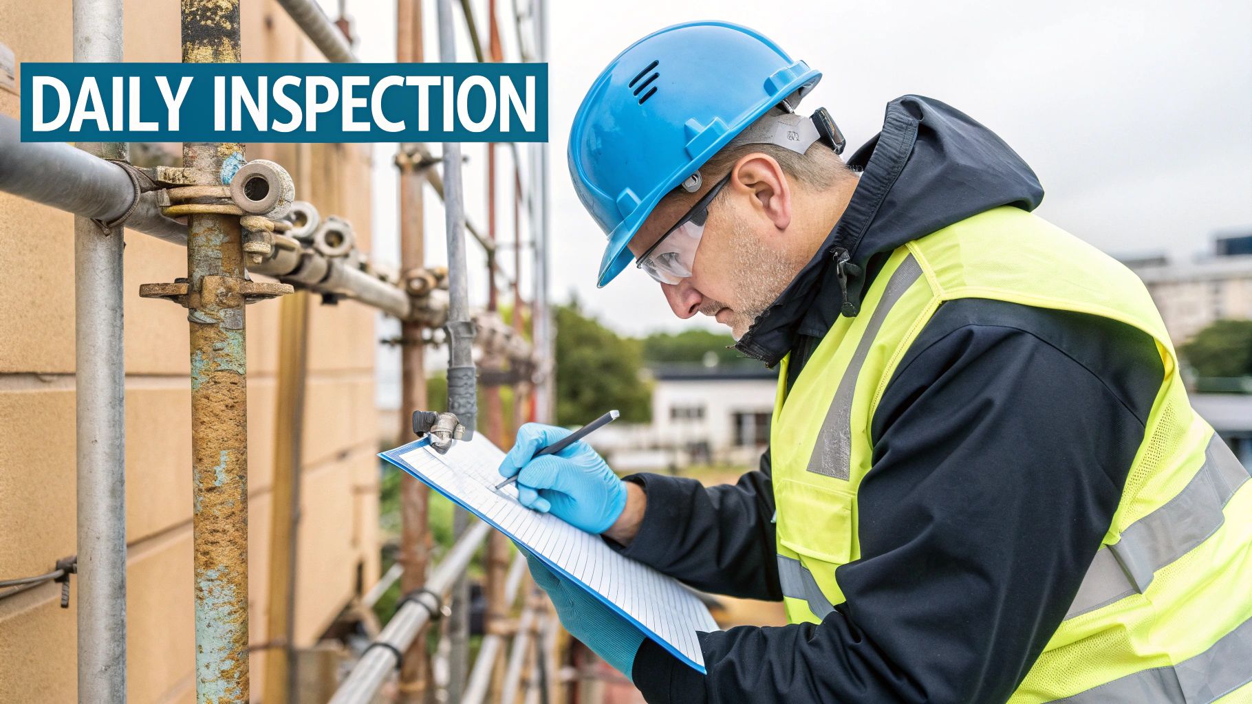 A certified inspector checking a scaffold tower with a clipboard, ensuring all components are secure and safe.
