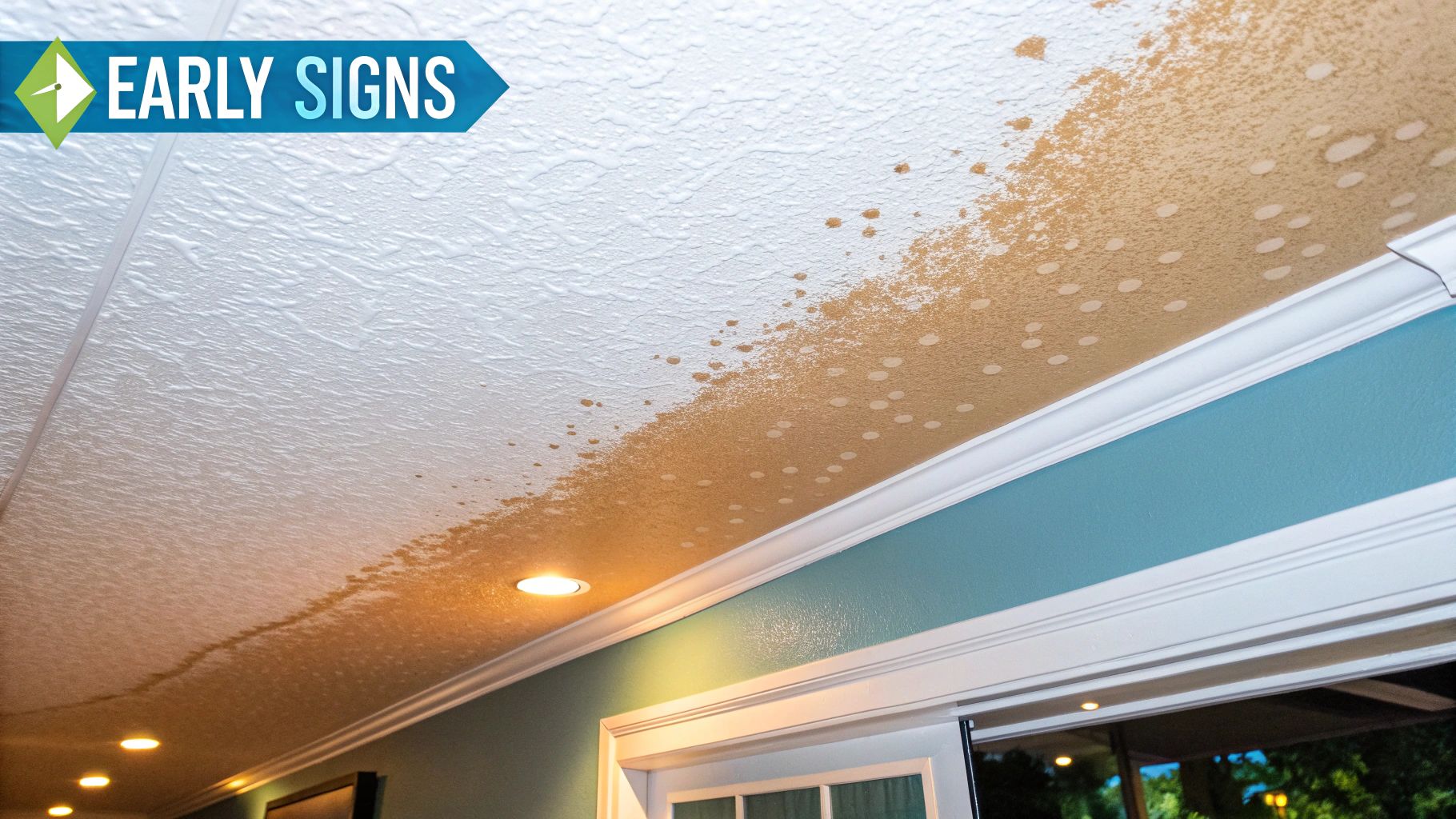 Fixing Water Damage in Ceiling A Practical Guide A close-up of a ceiling with a large, brown water stain, indicating significant water damage.