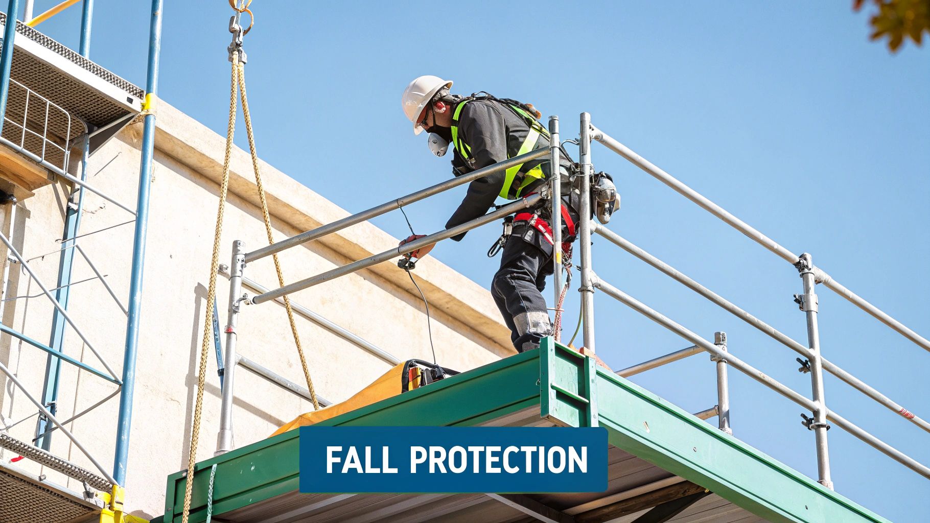 A construction worker wearing a full-body harness and helmet while secured to a scaffold tower, demonstrating proper fall protection.