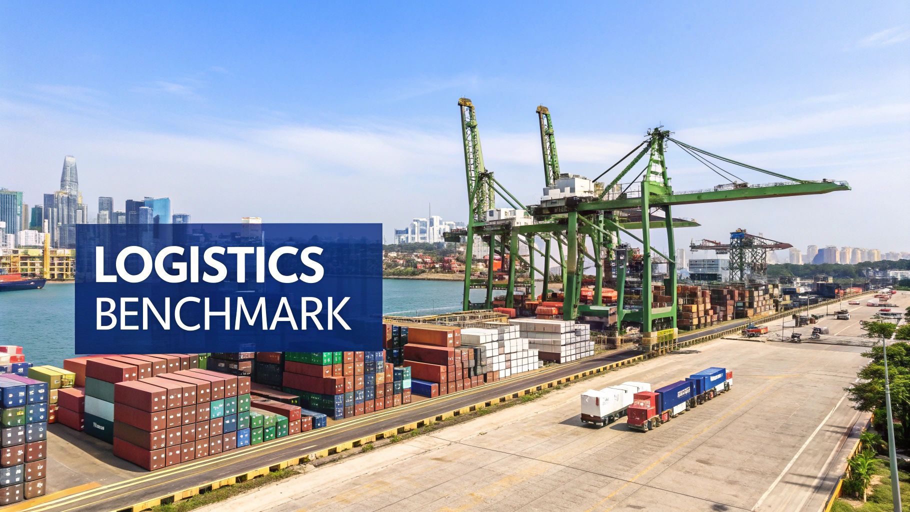 A busy container port with large cranes, stacked containers, and the text 'LOGISTICS BENCHMARK'.