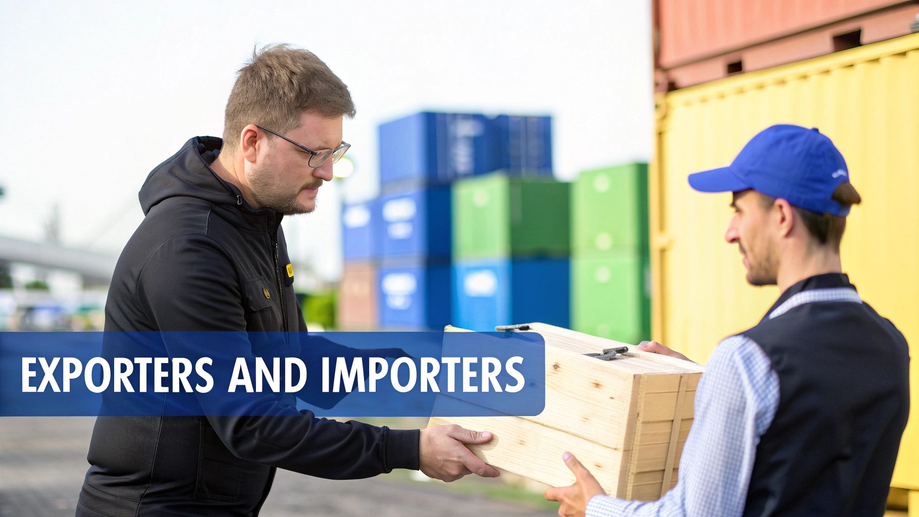 Two men exchanging a wooden box at a shipping yard with many containers, representing import-export business.