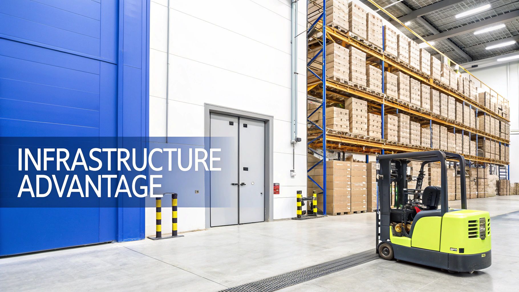 A spacious, modern warehouse facility featuring tall shelves filled with products and a parked forklift.