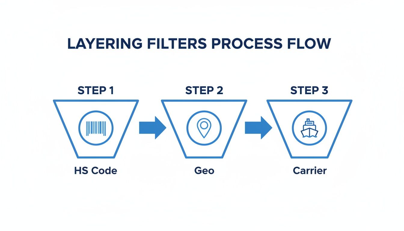 A process flow diagram illustrating layering filters for data, including HS Code, Geo, and Carrier.
