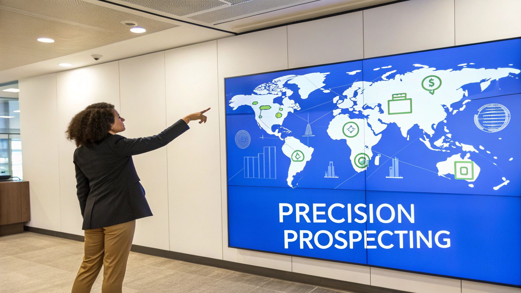A woman points at a large digital screen showing a world map with business icons and 'Precision Prospecting'.