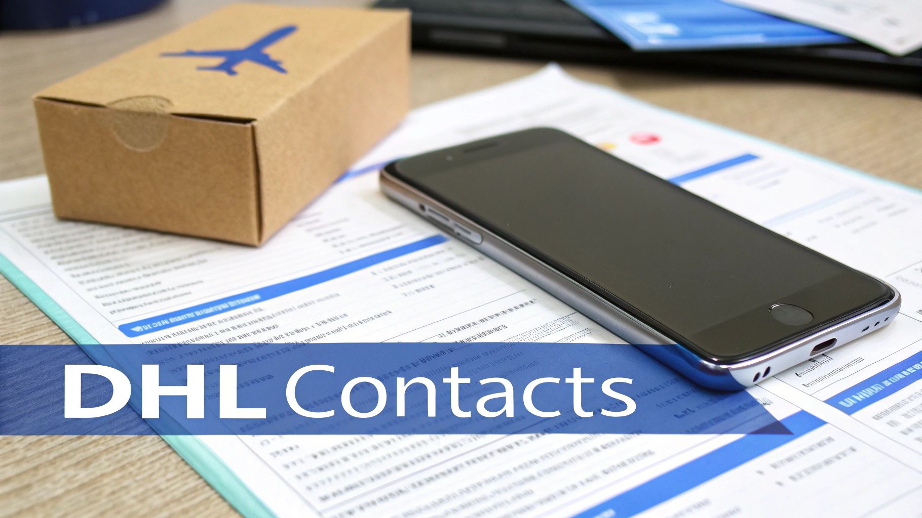 A DHL shipping box with an airplane logo, a smartphone, and documents, representing logistics contact information.