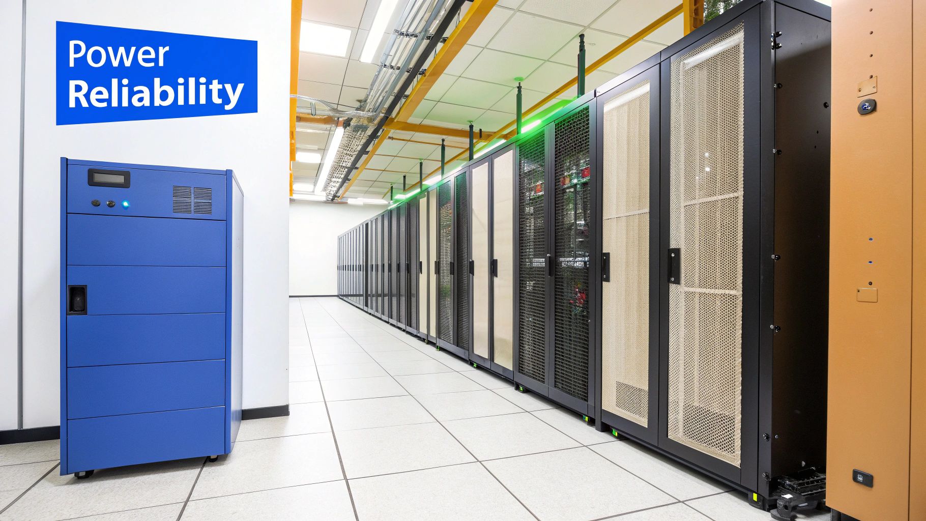 A clean data center features rows of server racks, a blue UPS unit, and a 'Power Reliability' sign.