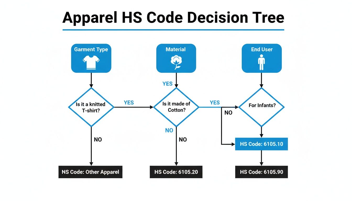 Apparel HS Code decision tree flowchart for classifying garments by type, material, and end user.