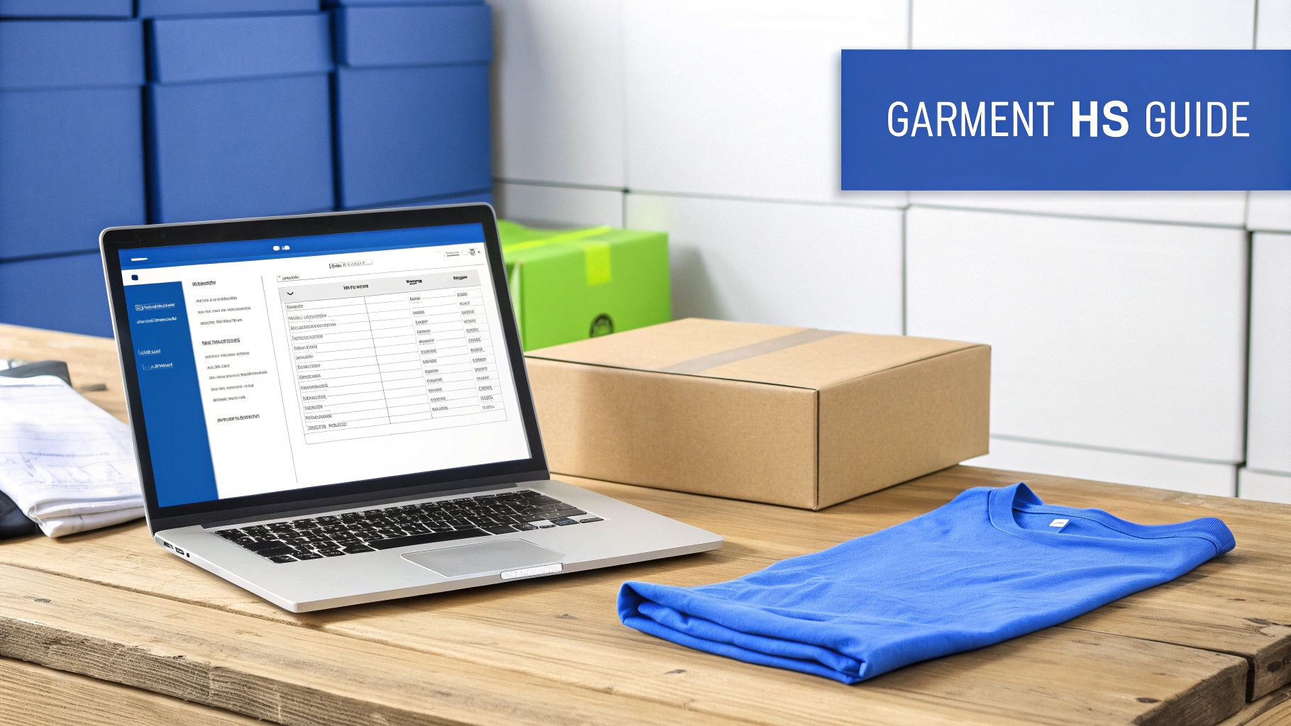 A laptop displays a Garment HS Guide on a wooden table with a blue t-shirt and shipping boxes.