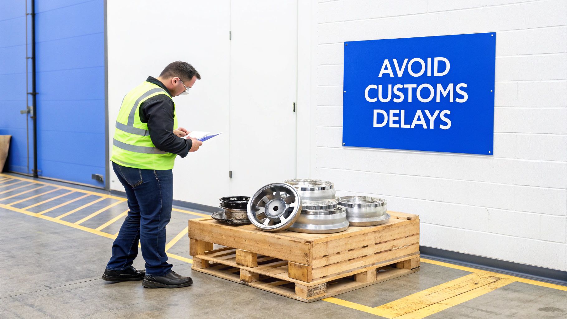 Warehouse worker inspecting auto parts and paperwork, with a clear sign advising to avoid customs delays.