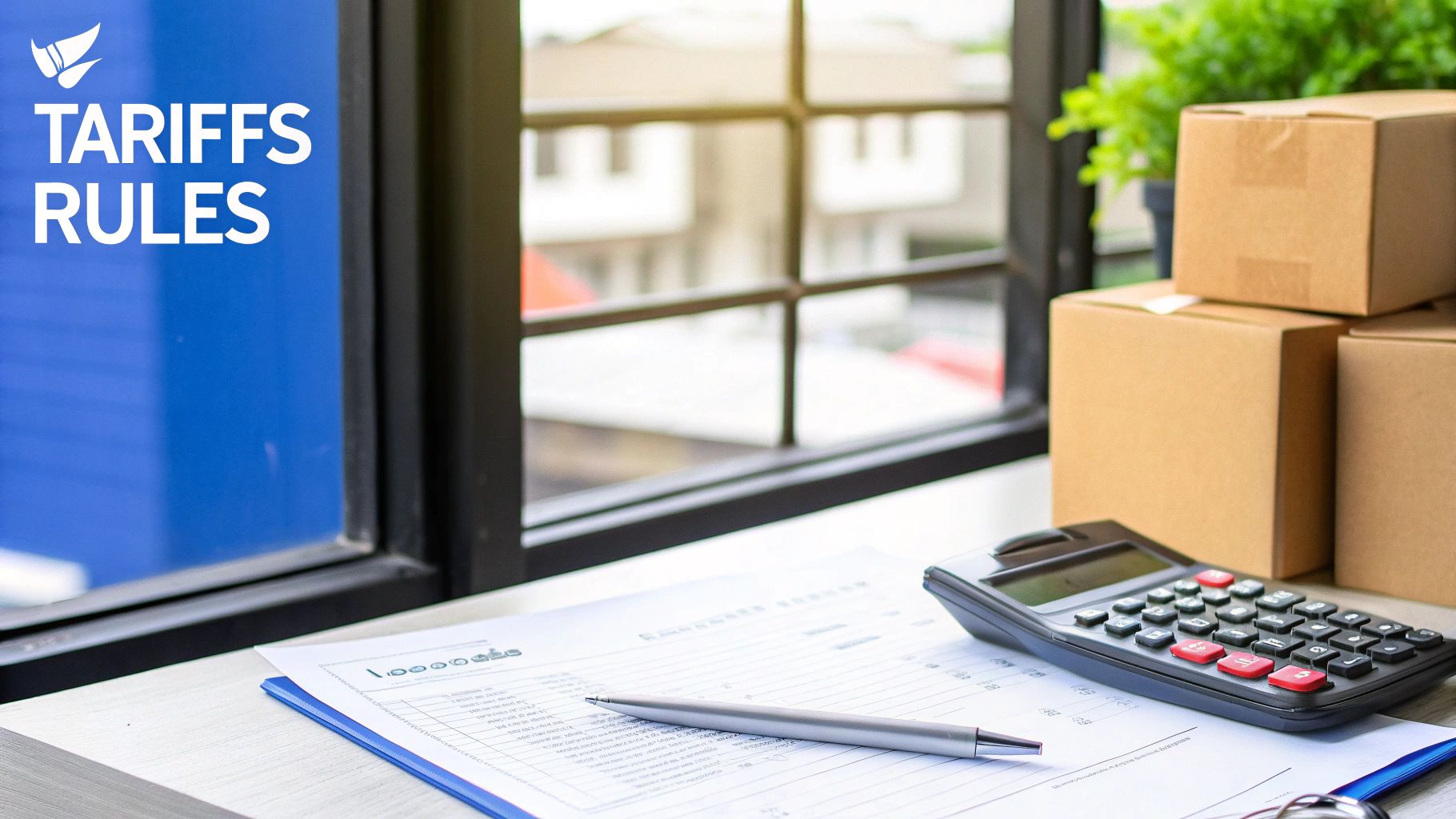 Desk with calculator, documents, and cardboard boxes, next to a window displaying 'TARIFFS RULES'.