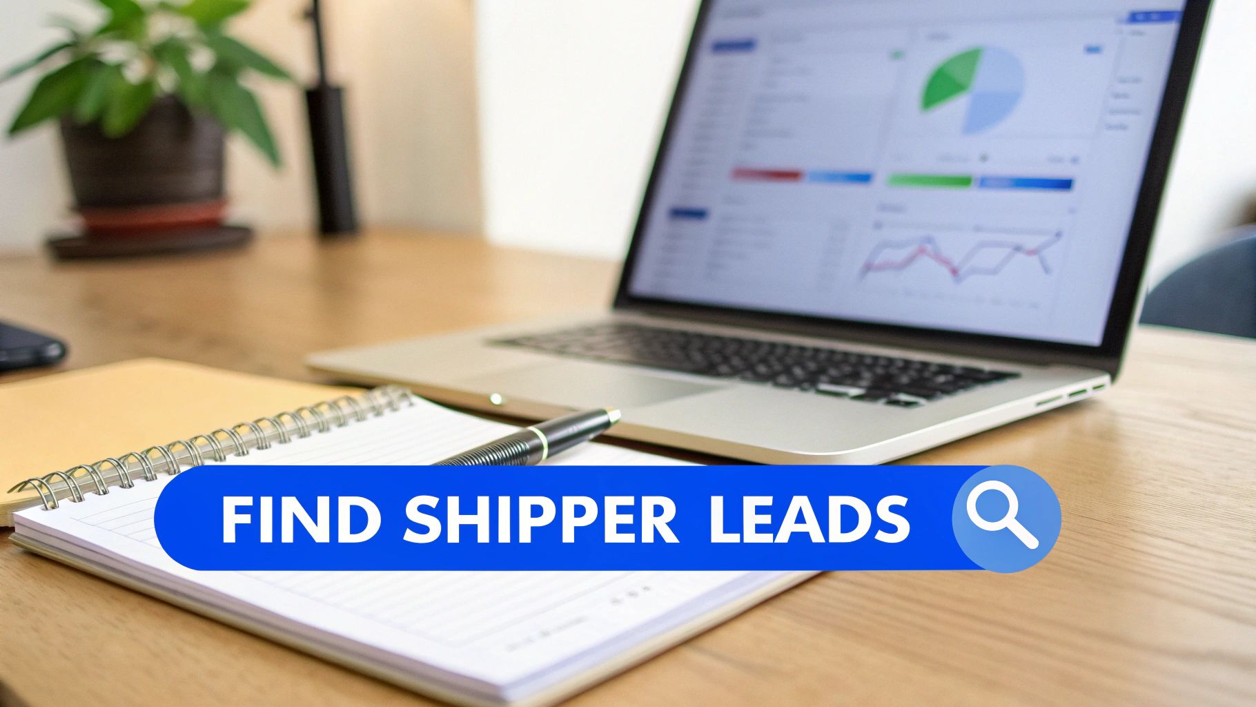 A laptop displaying business analytics, a notebook, and pen on a wooden desk with a 'FIND SHIPPER LEADS' search bar.