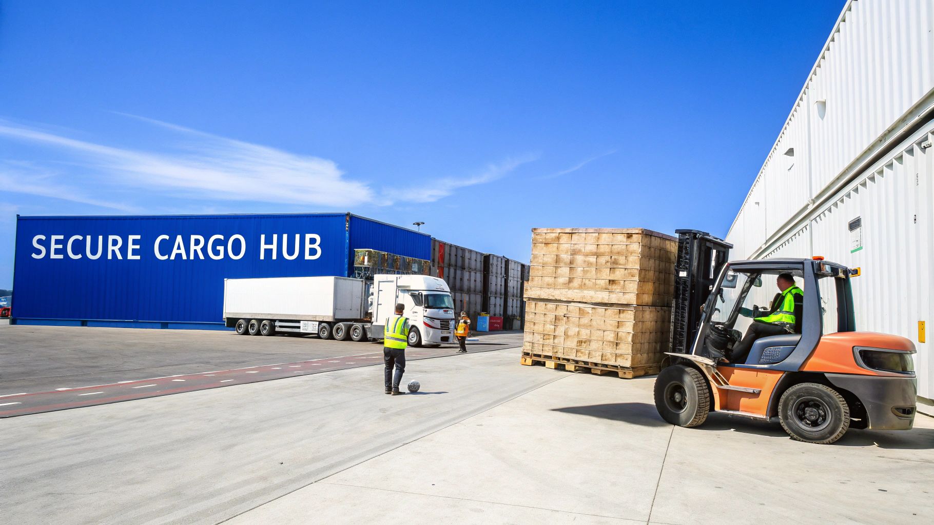 Workers and forklift manage cargo at a secure logistics hub, with a truck and containers nearby.