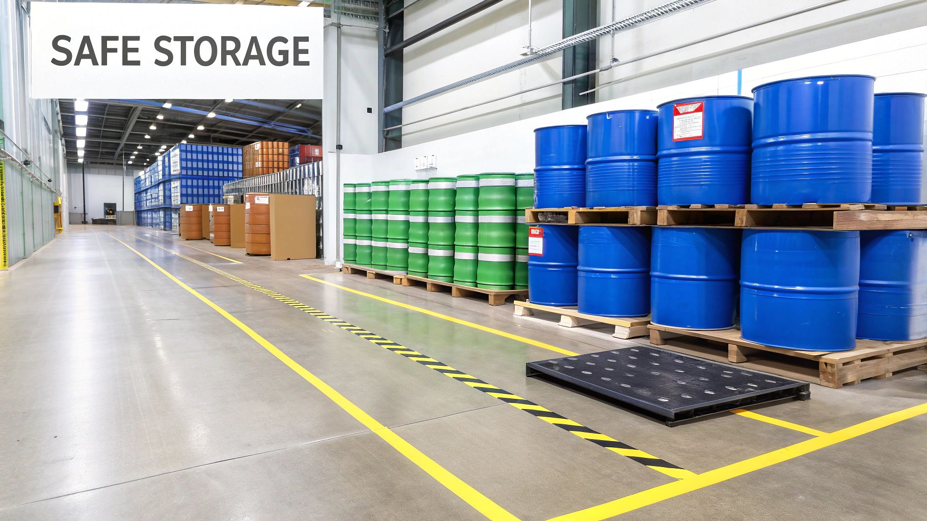 A clean, well-organized warehouse interior with a 'SAFE STORAGE' sign, barrels, boxes, and clear floor markings.