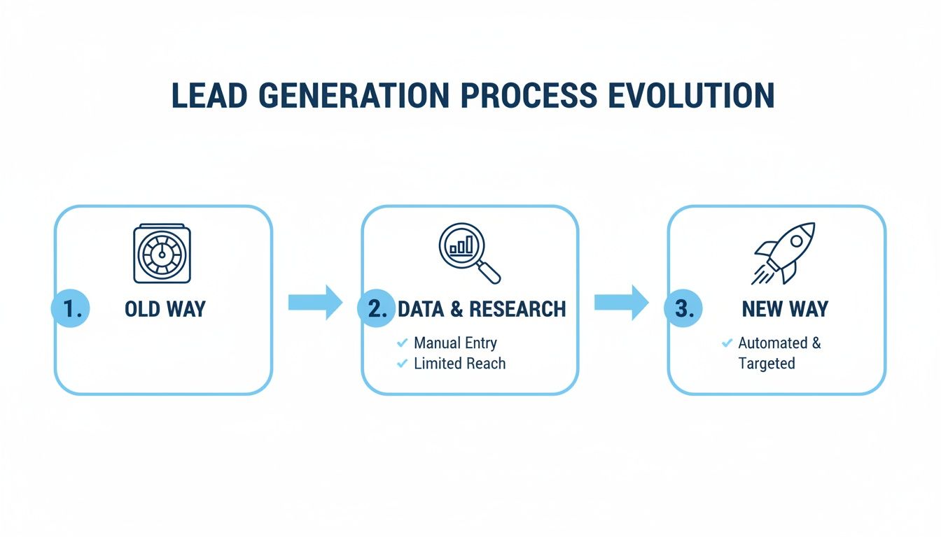 Lead generation process evolution diagram from old manual ways to data & research, culminating in new automated and targeted methods.