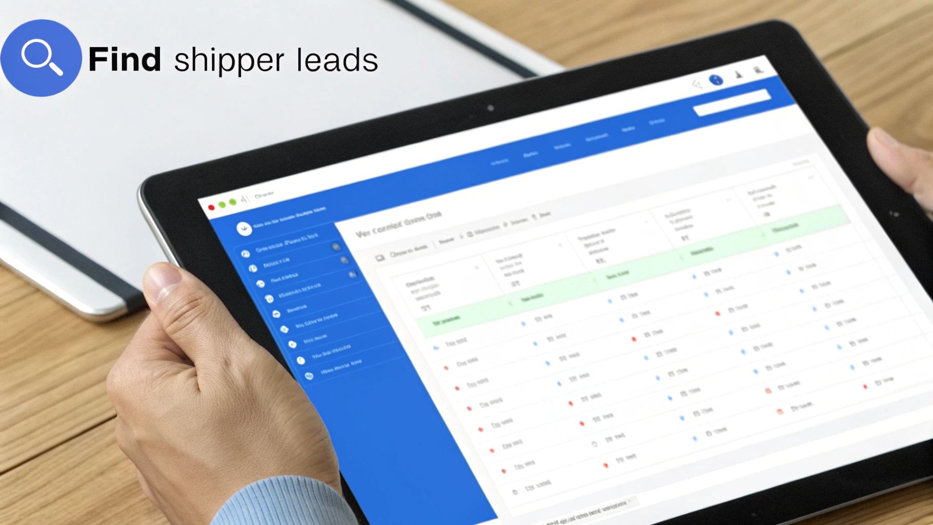 Hands holding a tablet displaying a business application designed to find shipper leads.