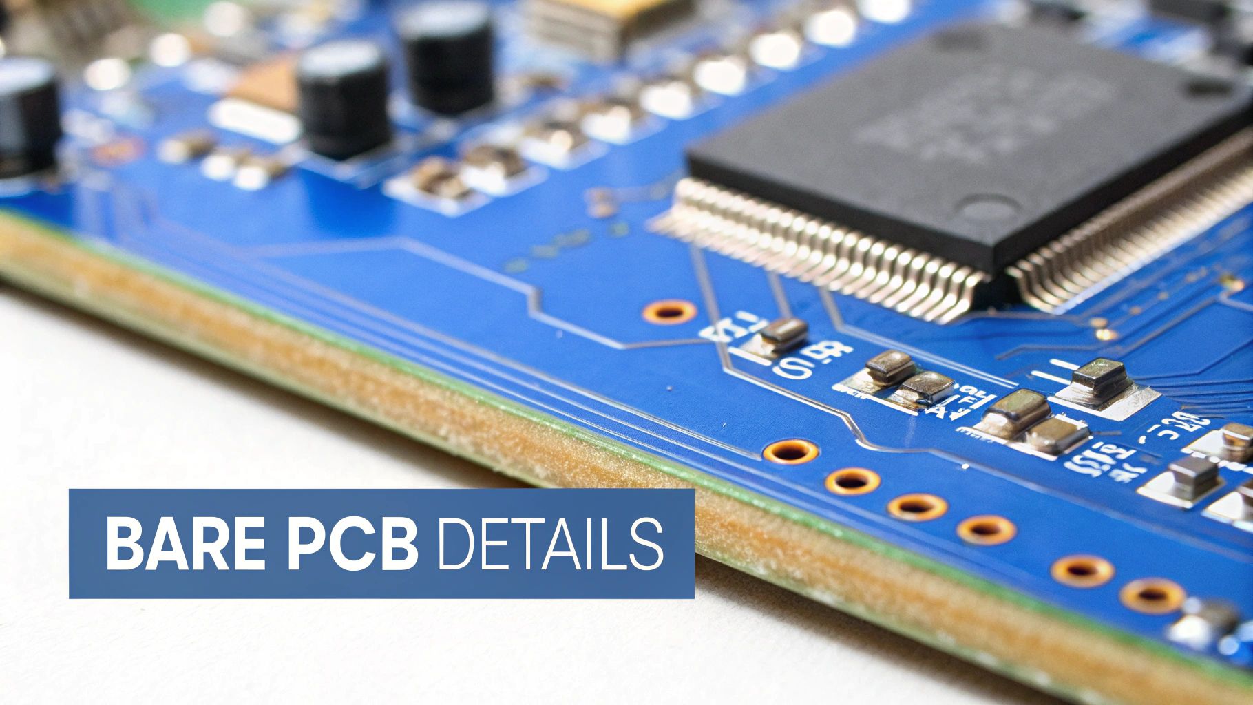 Detailed view of a blue printed circuit board, highlighting its surface-mount components and layered structure.