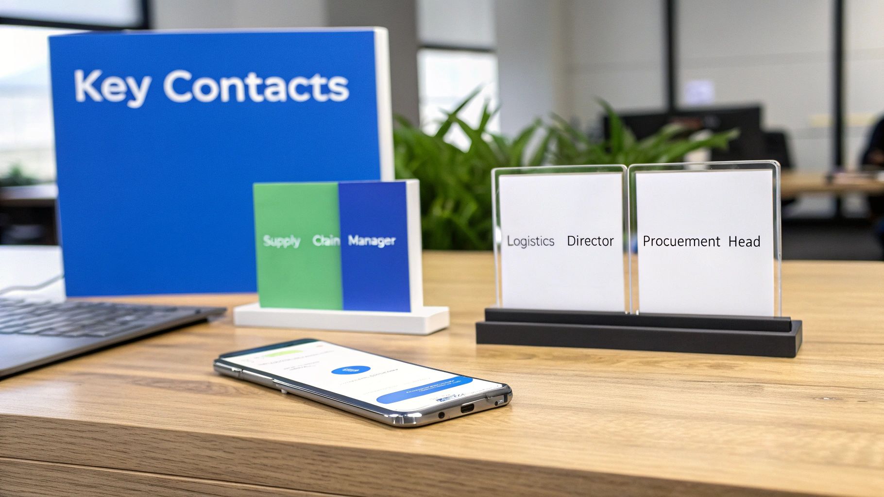 A modern office desk with 'Key Contacts' signs for supply chain, logistics, and procurement roles, plus a smartphone.