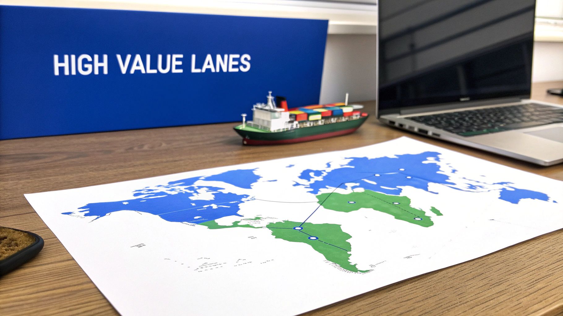 Global logistics setup with a world map, container ship model, laptop, and 'HIGH VALUE LANES' sign.