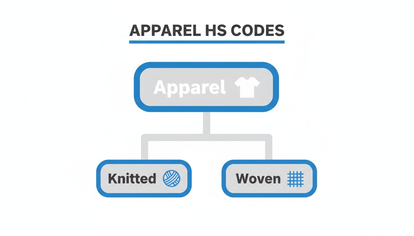 A flowchart diagram illustrating Apparel HS Codes, categorizing apparel into knitted and woven types.