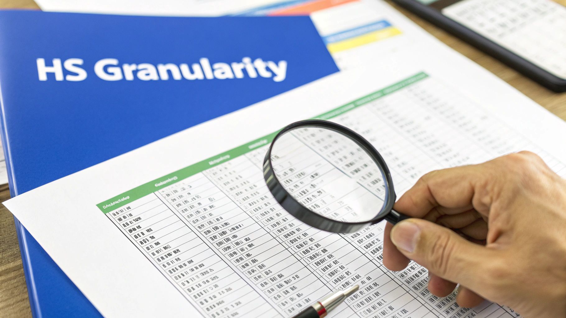 A hand uses a magnifying glass to examine a document with data, on a blue folder labeled "HS Granularity".